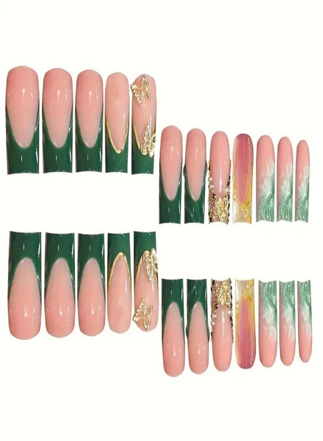 YoYoee Press on Nails -Luxury Long Fake Nails Coffin False Nails French Green Nails Butterfly Tips for Women and Girls 24Pcs - Image 2